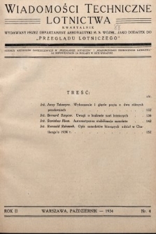 Wiadomości Techniczne Lotnictwa : kwartalnik wydawany przez departament Aeronautyki M. S. Wojsk. jako dodatek do „Przeglądu Lotniczego”. [1934], nr 4