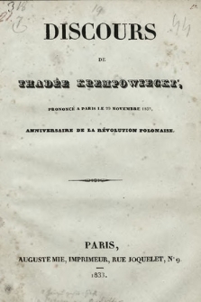 Discours de Thadée Krempowiecki prononcé a Paris le 29 Novembre 1832, anniversaire de la Revolution Polonaise