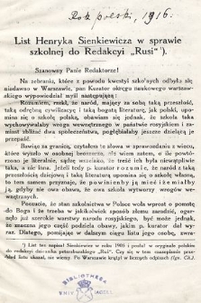 List Henryka Sienkiewicza w sprawie szkolnej do Redakcyi „Rusi”