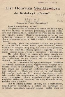 List Henryka Sienkiewicza do Redakcyi „Czasu”
