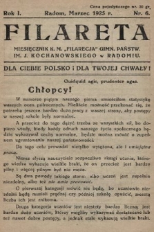 Filareta : miesięcznik K. M. „Filarecja” Gimn. Państwowego im. J. Kochanowskiego w Radomiu. 1924/1925, nr 6