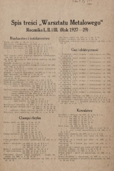Warsztat Metalowy : dwutygodnik poświęcony zagadnieniom przemysłu i rzemiosła metalowego. 1929, spis rzeczy