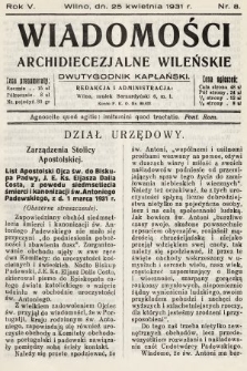 Wiadomości Archidiecezjalne Wileńskie : dwutygodnik kapłański. 1931, nr 8