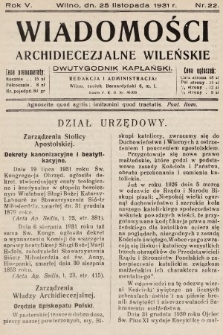 Wiadomości Archidiecezjalne Wileńskie : dwutygodnik kapłański. 1931, nr 22