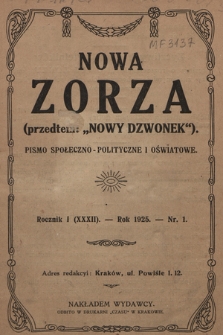 Nowa Zorza : (przedtem „Nowy Dzwonek”) : pismo społeczno-polityczne i oświatowe. 1925, nr 1