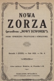 Nowa Zorza : (przedtem „Nowy Dzwonek”) : pismo społeczno-polityczne i oświatowe. 1925, nr 4