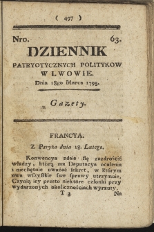 Dziennik Patryotycznych Politykow we Lwowie. 1795, nr 63