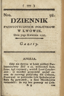 Dziennik Patryotycznych Politykow we Lwowie. 1795, nr 98