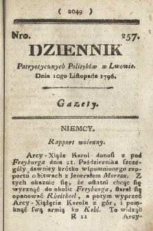 Dziennik Patryotycznych Politykow we Lwowie. 1796, nr 257
