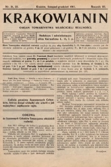 Krakowianin : organ Towarzystwa Właścicieli Realności. R.3, 1911, nr 21, 22