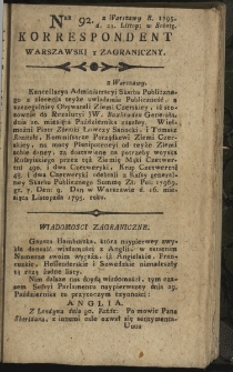 Korrespondent Warszawski y Zagraniczny. 1795, nr 92