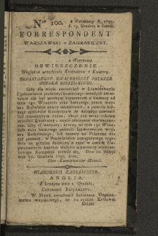 Korrespondent Warszawski y Zagraniczny. 1795, nr 100