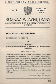 Rozkaz Wewnętrzny do Katolickiego Duchowieństwa Wojskowego w Polsce. 1938, nr 3