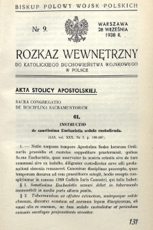 Rozkaz Wewnętrzny do Katolickiego Duchowieństwa Wojskowego w Polsce. 1938, nr 9