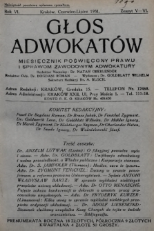 Głos Adwokatów : miesięcznik poświęcony prawu i sprawom zawodowym adwokatury. 1931, z. 5-6