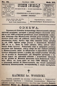 Opiekun Zwierząt Domowych i Pożytecznych : organ Krakowskiego Stowarzyszenia Ochrony Zwierząt. 1889, nr 12