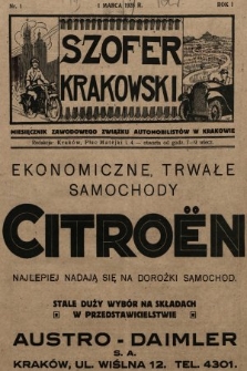 Szofer Krakowski : miesięcznik Zawodowego Związku Automobilistów w Krakowie. 1928, nr 1