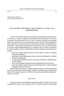 Działalność Biblioteki Jagiellońskiej w roku 2014. Sprawozdanie