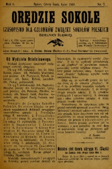 Orędzie Sokole : czasopismo dla członków Związku Sokołów Polskich Dzielnicy Śląskiej. 1920, nr 7