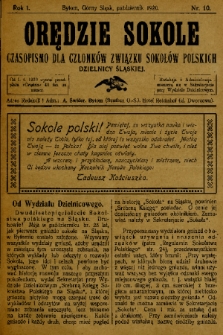 Orędzie Sokole : czasopismo dla członków Związku Sokołów Polskich Dzielnicy Śląskiej. 1920, nr 10