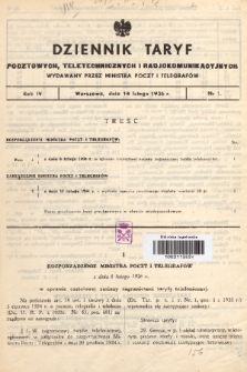 Dziennik Taryf Pocztowych, Teletechnicznych i Radjokomunikacyjnych. 1936, nr 1