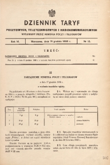 Dziennik Taryf Pocztowych, Teletechnicznych i Radjokomunikacyjnych. 1938, nr 15
