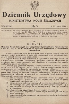 Dziennik Urzędowy Ministerstwa Kolei Żelaznych. 1922, nr 5