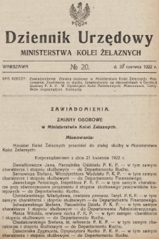 Dziennik Urzędowy Ministerstwa Kolei Żelaznych. 1922, nr 20
