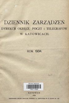 Dziennik Zarządzeń Dyrekcji Okręgu Poczt i Telegrafów w Katowicach. 1934, skorowidz