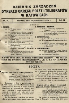 Dziennik Zarządzeń Dyrekcji Okręgu Poczt i Telegrafów w Katowicach. 1934, nr 18