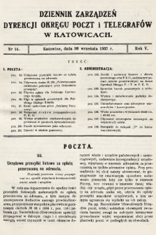 Dziennik Zarządzeń Dyrekcji Okręgu Poczt i Telegrafów w Katowicach. 1937, nr 14