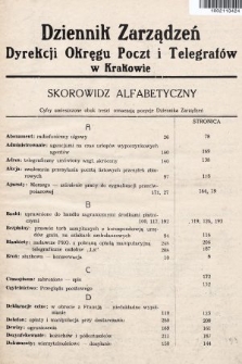 Dziennik Zarządzeń Dyrekcji Okręgu Poczt i Telegrafów w Krakowie. 1936, skorowidz
