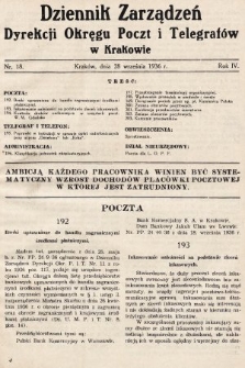 Dziennik Zarządzeń Dyrekcji Okręgu Poczt i Telegrafów w Krakowie. 1936, nr 18