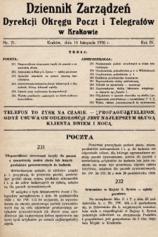 Dziennik Zarządzeń Dyrekcji Okręgu Poczt i Telegrafów w Krakowie. 1936, nr 21