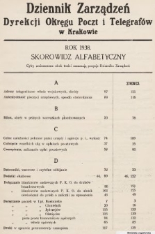 Dziennik Zarządzeń Dyrekcji Okręgu Poczt i Telegrafów w Krakowie. 1938, skorowidz