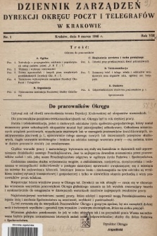 Dziennik Zarządzeń Dyrekcji Okręgu Poczt i Telegrafów w Krakowie. 1946, nr 1