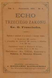 Echo Trzeciego Zakonu Św. o. Franciszka. R. 2, 1884, nr 4