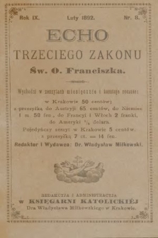 Echo Trzeciego Zakonu Św. o. Franciszka. R. 9, 1892, nr 8