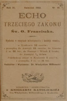 Echo Trzeciego Zakonu Św. o. Franciszka. R. 9, 1892, nr 10