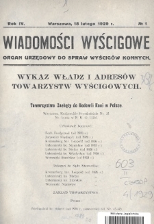 Wiadomości Wyścigowe : organ urzędowy do spraw wyścigów konnych. 1929, nr 1