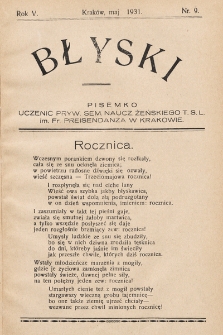 Błyski : pisemko uczenic Żeńskiego Prywatnego Seminarium Nauczycielskiego Towarzystwa Szkoły Ludowej w Krakowie, R. 5, 1931, nr 9