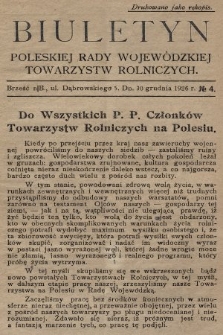 Biuletyn Poleskiej Rady Wojewódzkiej Towarzystw Rolniczych. 1926, nr 4