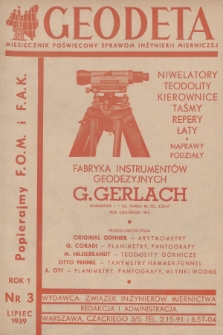 Geodeta : miesięcznik poświęcony sprawom inżynierii mierniczej. 1939, nr 3