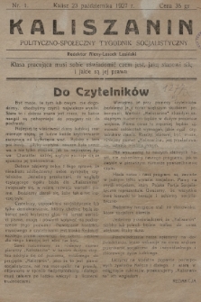 Kaliszanin : polityczno-społeczny tygodnik socjalistyczny. 1927, nr 1
