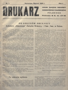 Drukarz : organ Związku Drukarzy Zjednoczenia Zawodowego Polskiego. 1926, nr 1