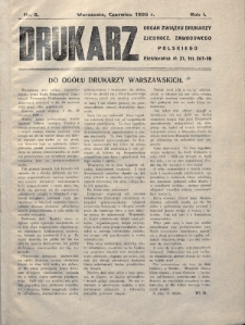 Drukarz : organ Związku Drukarzy Zjednoczenia Zawodowego Polskiego. 1926, nr 6