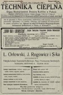 Technika Cieplna : organ Stowarzyszeń Dozoru Kotłów w Polsce. R. 3, 1925, nr 11