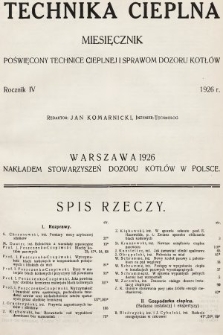 Technika Cieplna : organ Stowarzyszeń Dozoru Kotłów w Polsce. R. 4, 1926, spis rzeczy