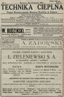 Technika Cieplna : organ Stowarzyszeń Dozoru Kotłów w Polsce. R. 4, 1926, nr 1