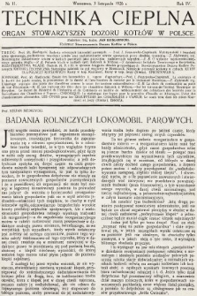 Technika Cieplna : organ Stowarzyszeń Dozoru Kotłów w Polsce. R. 4, 1926, nr 11